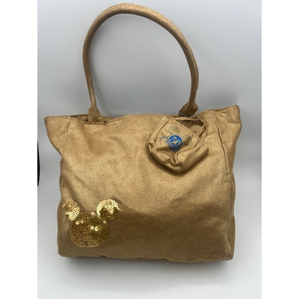 Disneyland 50th Anniversary Gold Mickey Sequin Tote Bag Shoulder Purse w/ Pouch
